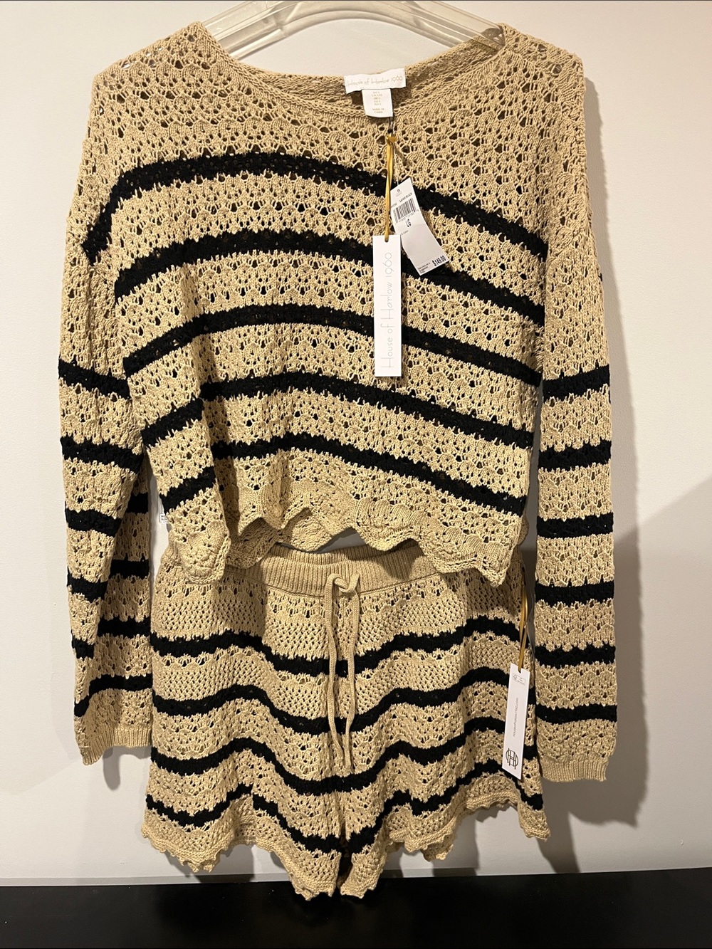 House of Harlow 1960 Beige and Black Striped Crochet Crew Sweater Set NWT